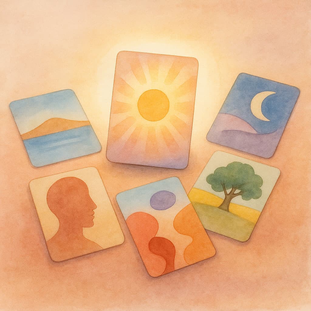 A warm spread of metaphoric cards
