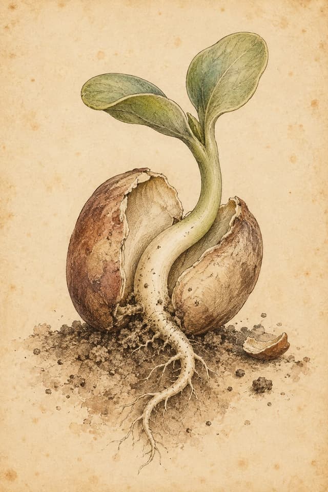 Hand-coloured engraving: a seed split open on soil, a pale root going down and two seed leaves rising