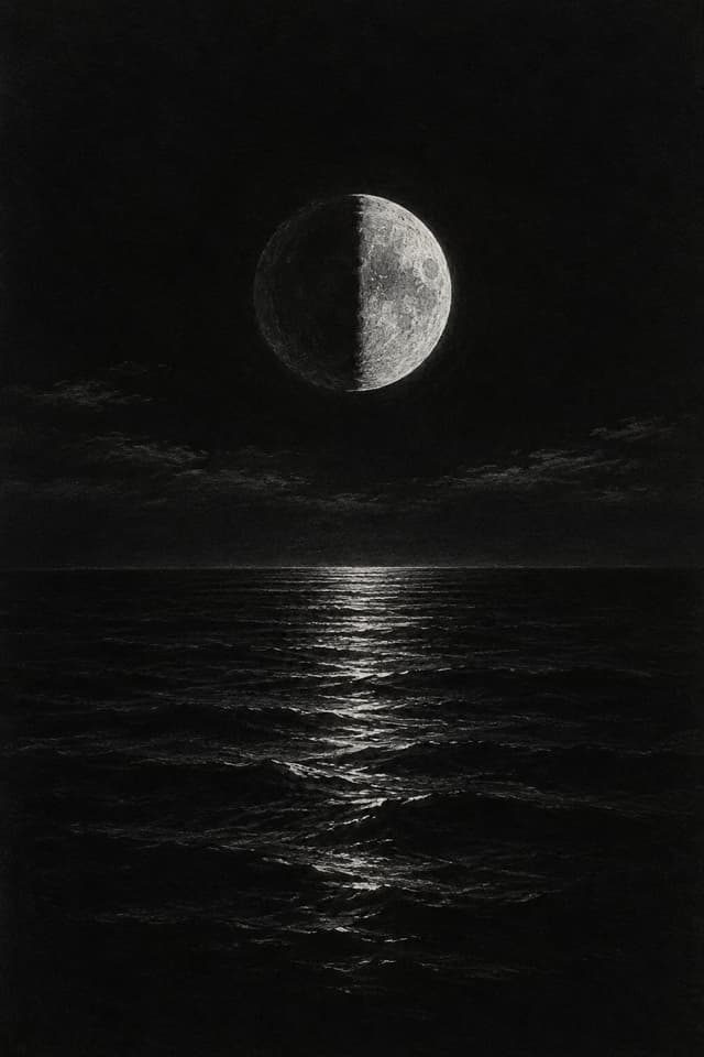 Chalk drawing: the moon exactly half lit over a dark sea