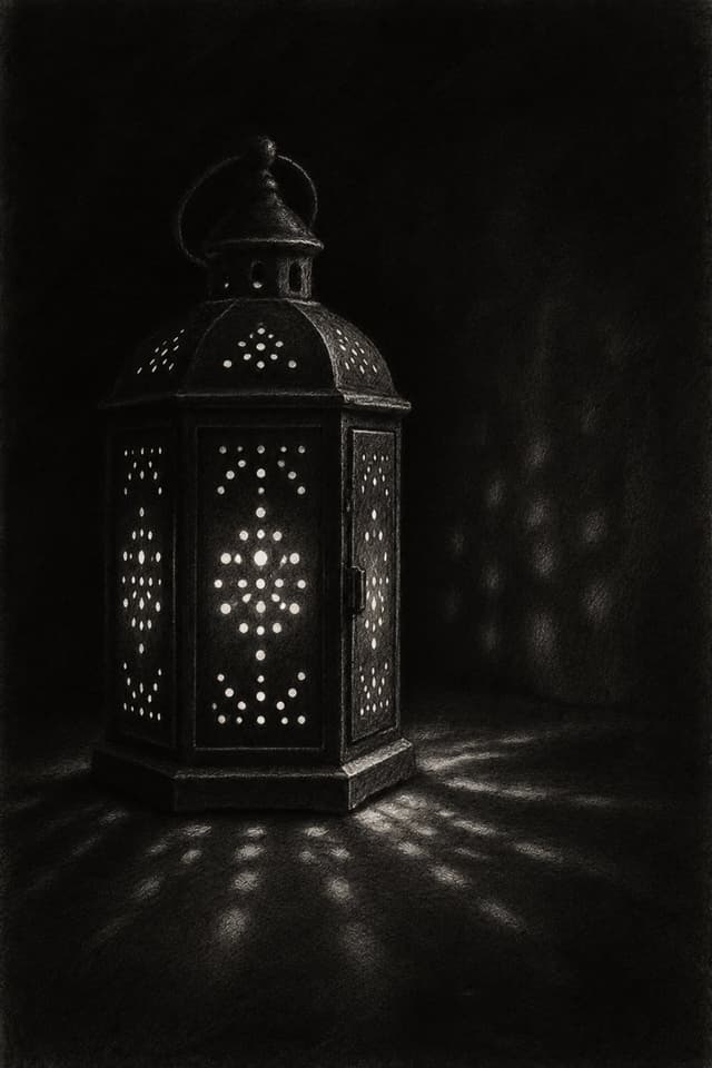 Chalk drawing: a lantern with its shutter closed, light leaking through small holes