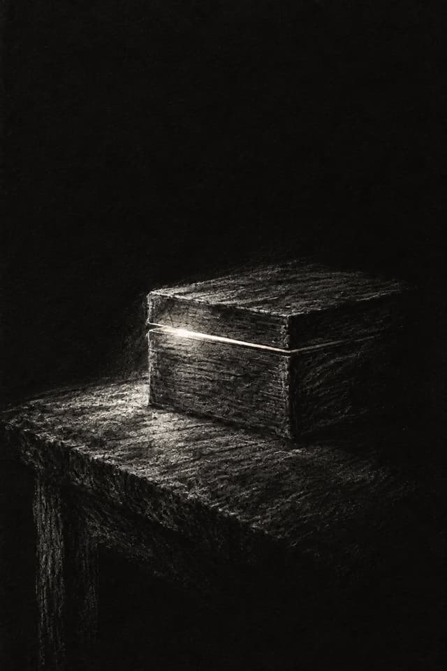 Chalk drawing: a closed wooden box with a thin line of light escaping under its lid