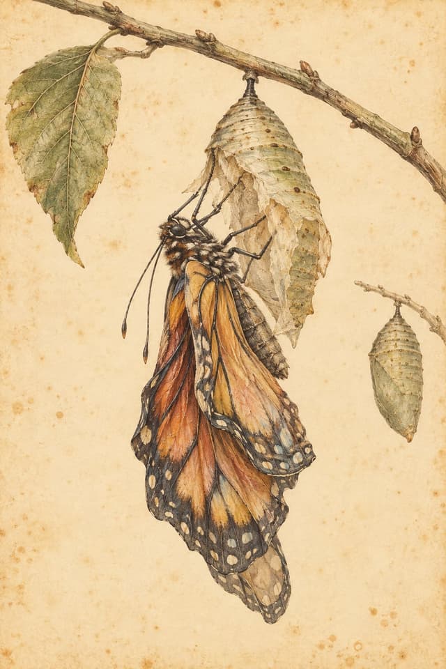 Hand-coloured engraving: a butterfly emerging from a chrysalis with crumpled damp wings