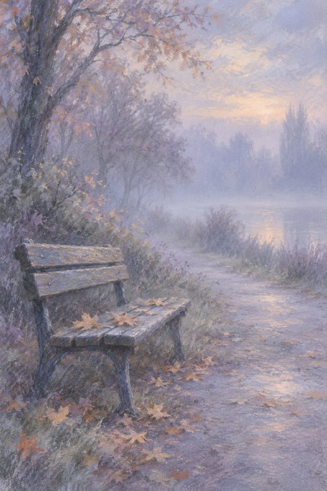 Soft pastel drawing: an empty wooden bench at the edge of a misty park path with fallen leaves on the seat