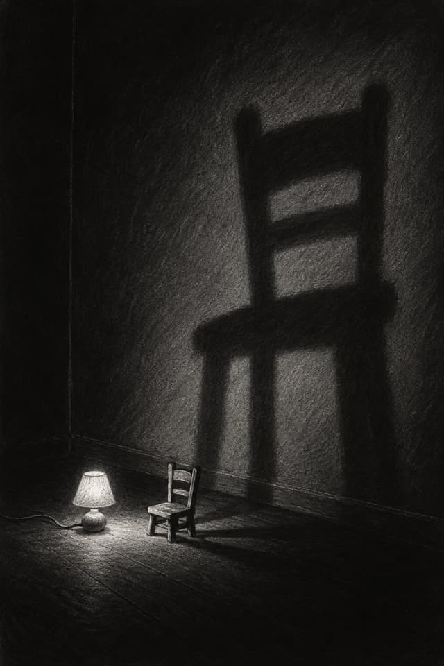 Chalk drawing: a small lamp casting a huge shadow of a toy chair on the wall