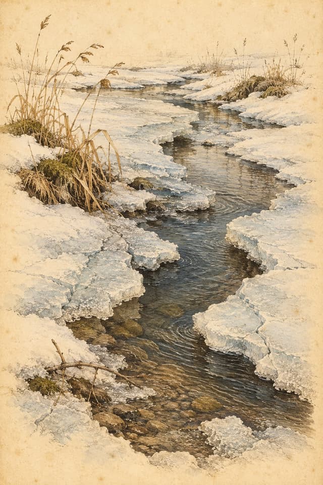 Hand-coloured engraving: a frozen stream with dark water opening in the middle of the ice