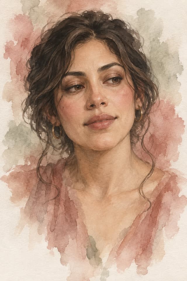 Watercolour card from Faces & Expressions: a woman whose smile doesn't quite reach her eyes