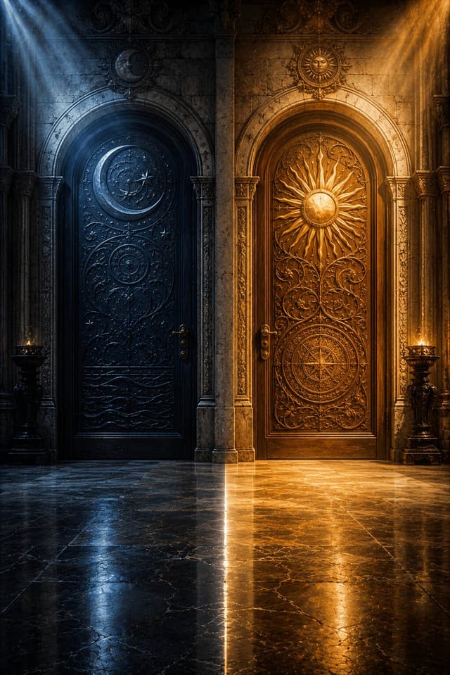 Card from Doors & Thresholds: a dark blue door and a glowing golden door side by side
