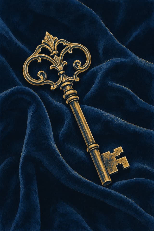 Gouache painting: an old ornate key outlined in gold on midnight blue