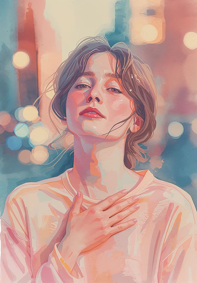 Card from Essence: a woman with closed eyes and a hand on her chest in soft pink light