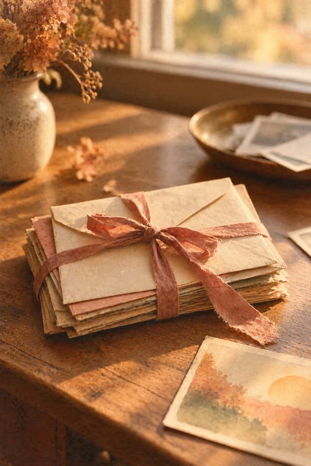 Warm film photograph: a bundle of old blank envelopes tied with faded ribbon on a sunny wooden table