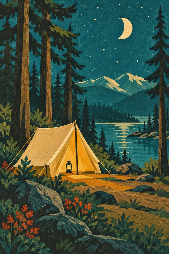 Flat gouache illustration: a small canvas tent glowing warm from a lantern inside, under tall pines at night