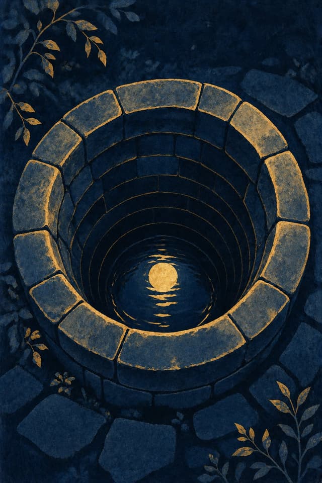 Gouache painting: an old stone well with a gold circle of moonlight deep inside