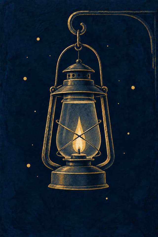 Gouache painting: an old lantern with a small gold flame hanging from a hook